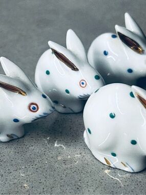 Herend- Porcelain White Bunnies  with Green and Blue Dot Accents